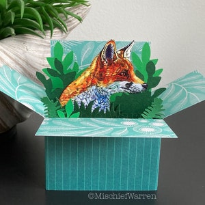 Red Fox Card. Blank or personalised 3D box card for Birthday, easter, Mothers Day, Fathers Day, Christmas. Fox Gift Card holder.