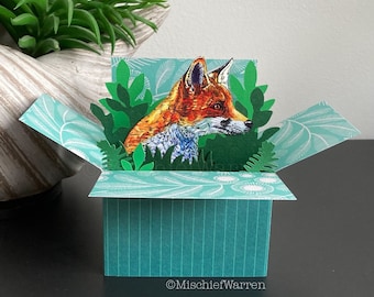 Red Fox Card. Blank or personalised 3D box card for Birthday, easter, Mothers Day, Fathers Day, Christmas. Fox Gift Card holder.