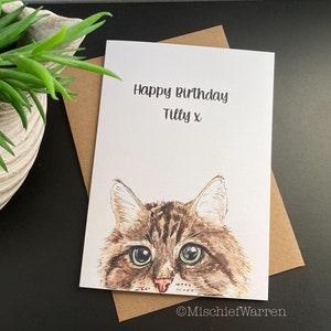 Tabby Cat Birthday Card. Personalised birthday card from my long haired brown tabby art. Can be sent direct.