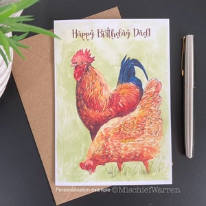 Chicken Art Card. Blank or Personalised: birthday, Mother’s Day, Father’s Day, etc, rooster, cockerel, hen card.