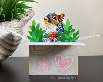 Grey Squirrel Box Card. 3D Valentines, Wedding, Anniversary, Mothers Day gift card holder. Blank or Personalised.