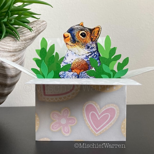 Grey Squirrel Box Card. 3D Valentines, Wedding, Anniversary, Mothers Day gift card holder. Blank or Personalised.