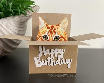 Ginger Cat Happy Birthday Box Card. The Original Cat in a box card. Handmade from recycled card. Gift card holder.