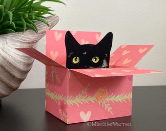 Black Cat Card. The Original Cat in a box card. 3D birthday, Mothers Day or Wedding, Anniversary gift card holder. Personalised.