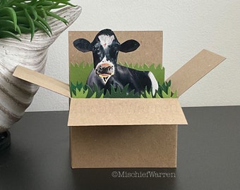 Friesian Cow Card. 3D box card personalised for; Birthday, Wedding, Anniversary, Mother’s Day, Father’s Day, Christmas. Gift card holder.