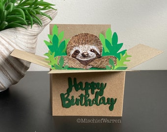 Sloth Birthday Card. 3D Sloth in a box card. Happy Birthday Gift card holder.