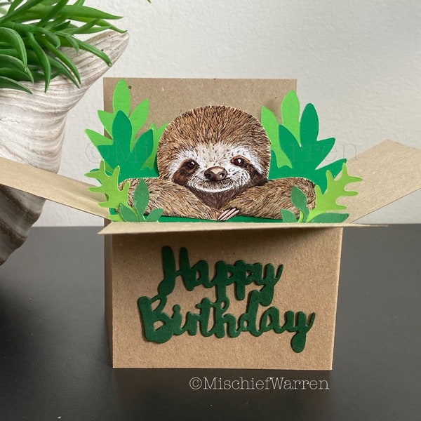 Sloth Birthday Card. 3D Sloth in a box card. Happy Birthday Gift card holder.