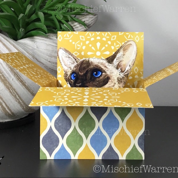 Siamkatze Karte. Die Original-Katze in der Schachtel. Leer oder personalisiert; Geburtstag, Dankeschön, Muttertag oder Vatertag. 3D Geschenkkartenhalter.