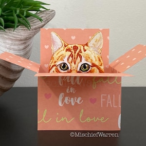 Ginger Cat Karte. 3D Box Karte, blanko oder personalisiert. Valentinstag oder Hochzeit, Jubiläum Geschenkkartenhalter. Die Original-Katze in der Schachtel.