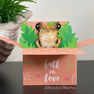 Frog 3D Box Card. Blank or personalised for; valentines, wedding, anniversary. Gift card holder. Fall in love.
