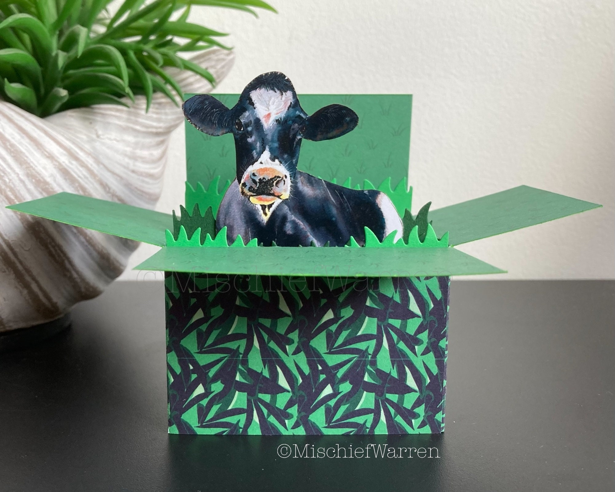 Friesian Cow Card. 3D box card personalised for; Birthday, Easter, Mother's Day, Father's Day, Wedding, Anniversary. Gift card holder.