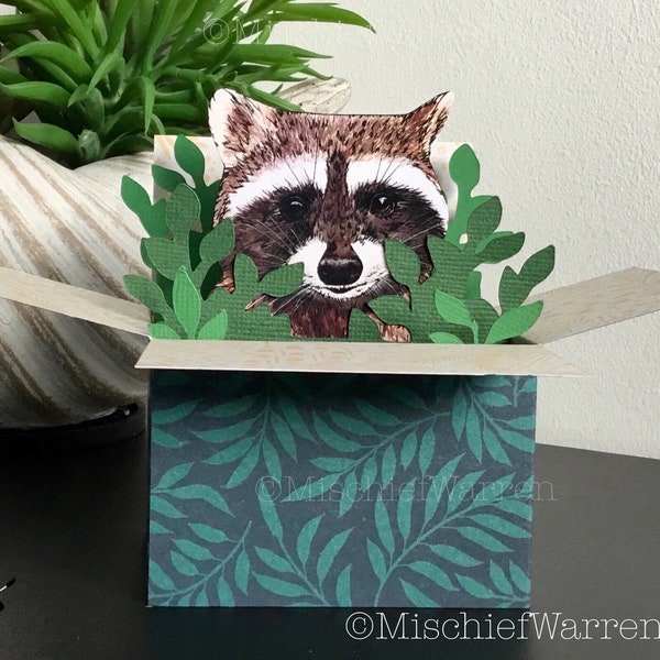 Raccoon Card. Blank or personalised racoon 3D box card for any occasion; birthday, Father’s Day, Mother’s Day, Valentines. Gift card holder.