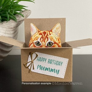 Carte de chat au gingembre. La carte originale Le chat dans une boîte. Vierge ou personnalisée ; anniversaire, fête des mères ou des pères, Noël. Porte-cartes cadeau.