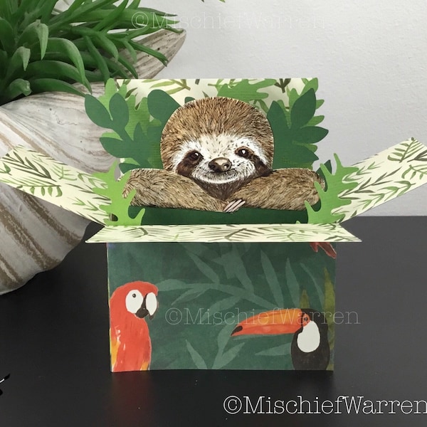 Sloth Birthday 3D Box Card. Handmade, blank, can be personalised for any occasion. Gift card holder.