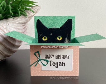 Black Cat Card. The Original Cat in a box card. Blank or Personalised; birthday, Mother’s Day, wedding, anniversary, 3D Gift card holder.