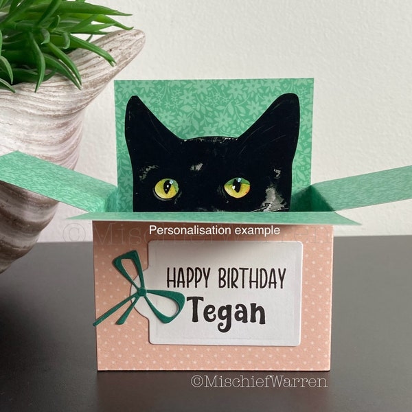 Black Cat Card. The Original Cat in a box card. Blank or Personalised; birthday, Mother’s Day, wedding, anniversary, 3D Gift card holder.