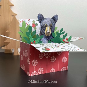 Carte de Noël ours noir. Carte 3D personnalisée en forme de boîte à ours. Porte-cartes cadeau de Noël.