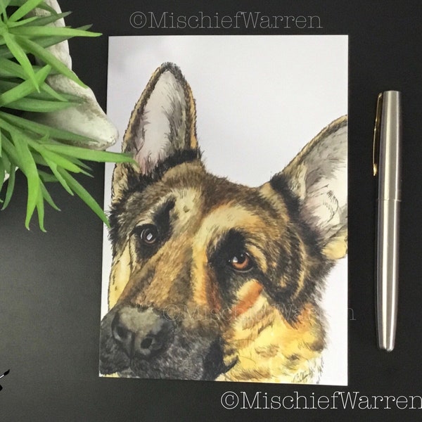 German Shepherd Dog Art Card. Blank or Personalised for; birthday, Mother’s Day, Father’s Day, thank you or Christmas perhaps.