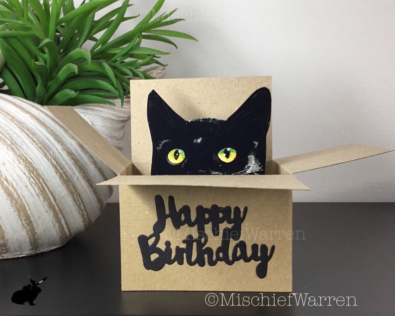 Black Cat Happy Birthday Card. The Original Cat in a box card. Can add your message, or gift card holder and send direct. image 9