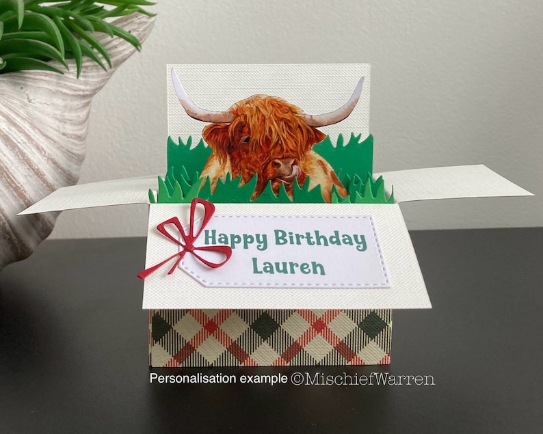 May include: A pop-up card featuring a Highland cow emerging from a green grass field. The card is open and the inside reads "Happy Birthday Lauren".