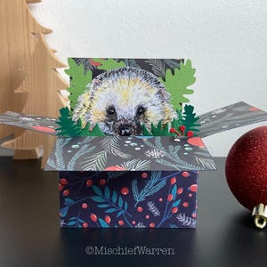Carte de Noël hérisson. Carte boîte unique. Porte-cartes cadeau de Noël 3D. Personnalisé.