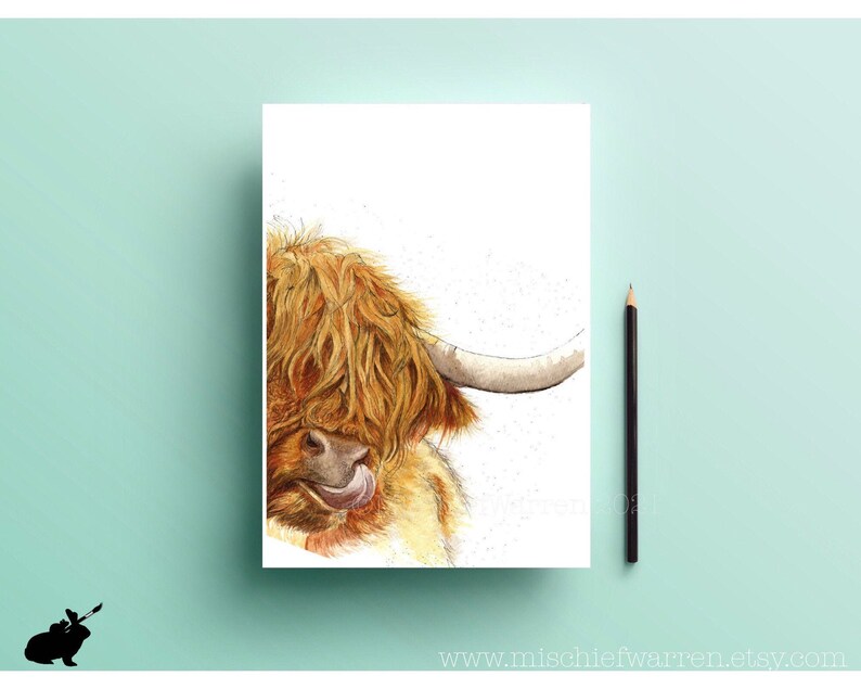 Puede incluir: Una pintura de acuarela de una vaca Highland con un largo pelaje hirsuto de color marr&oacute;n y dorado. La vaca est&aacute; mirando hacia un lado con la lengua fuera. El fondo es blanco.