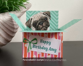 Pug Card. 3D box card Blank or personalised for; birthday, Valentine’s Day, Easter, Mother’s day, fathers Day, Christmas. Gift card holder.