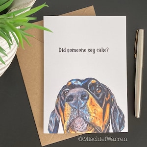 Dobermann Karte. Hat jemand Kuchen gesagt? Handgemachte Karte zum Geburtstag oder zur Feier. Lustige Kunstkarte für Dobermann Hundeliebhaber.
