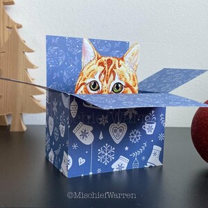Carte de Noël chat roux. Carte 3D en forme de boîte pour chat, personnalisée. Porte-cartes cadeau de Noël.