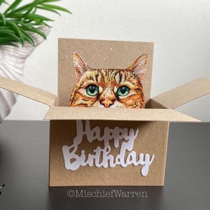 Brown Tabby Cat Box Card. The Original Cat in a box card. Handmade 3D Happy Birthday Gift Card Holder.