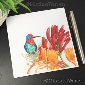 Hummingbird Floral Art Card. Handmade, blank + can be personalised for any occasion; birthday, mothers day or thank you perhaps.