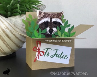 Cute Raccoon 3D Box Card. Blank or personalised for any occasion; Birthday, Fathers Day, Christmas. Racoon Gift card holder.