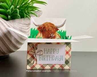 Highland Cow Card. 3D box card personalised for; Birthday, Mother’s Day, Father’s Day, Christmas. Gift card holder.