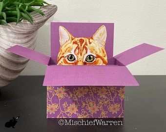 Carte de chat au gingembre. La carte originale Le chat dans une boîte. Carte boîte 3D personnalisée pour anniversaire, fête des mères, merci. Porte-cartes cadeau.