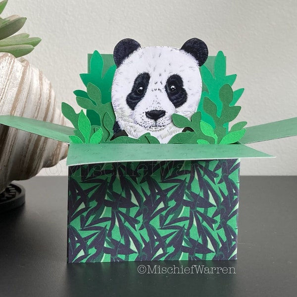 Carte de boîte Panda 3D. Vierge ou personnalisé ; Pâques, anniversaire, fête des mères, fête des pères. Titulaire d'une carte cadeau.