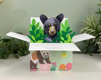 Birthday card for bear lover; 3D blank or personalised. Gift card holder.