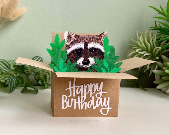 Raccoon Birthday Card. Handmade from recycled card. 3D Racoon Birthday Gift card holder for nature lover.