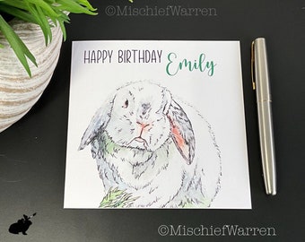 Personalised rabbit birthday card. Handmade, dwarf lop rabbit art card; blank inside, for bunny lover.