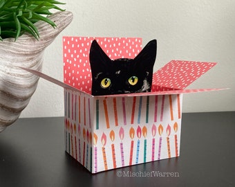 Black Cat Birthday Card. The Original Cat in a Box Card. Can be sent direct. 3D Birthday Gift card holder. Card from cat.