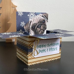 Carte de Noël carlin fauve. Carte boîte 3D, vierge ou personnalisée. Porte-cartes cadeau de Noël.