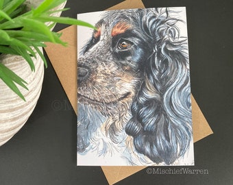 Cocker Spaniel Art Card. Tri-Colour Blue Roan spaniel dog card. Blank or personalised + sent direct.