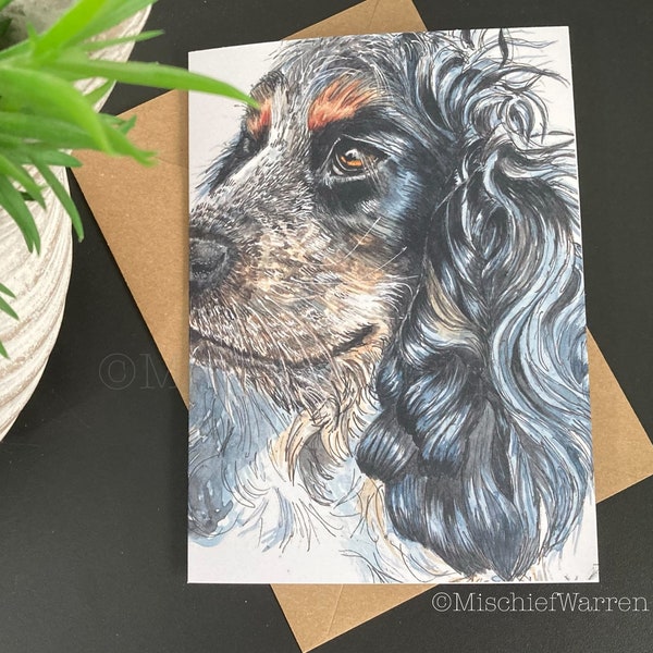 Cocker Spaniel Art Card. Tri-Colour Blue Roan spaniel dog card. Blank or personalised + sent direct.