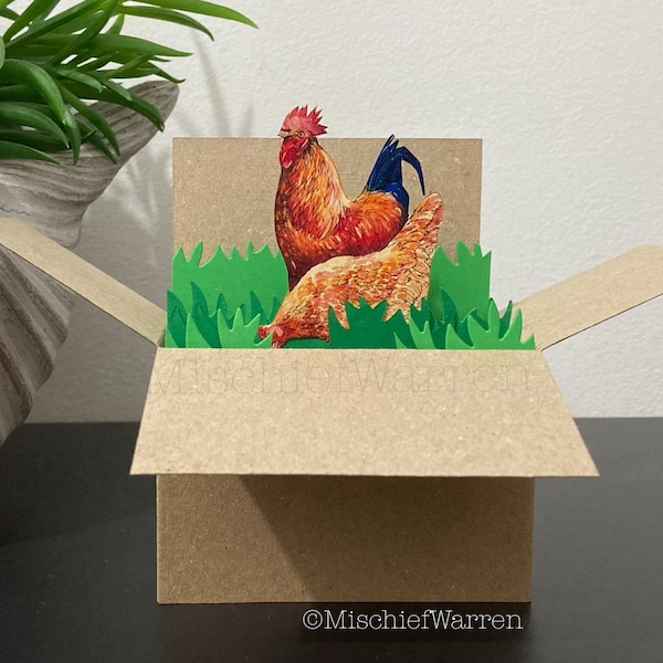 Carte coq + poule. Boîte 3D vierge ou personnalisée ; Anniversaire, fête des mères ou des pères, Noël. Porte-cartes cadeau. Coquelet + poulet.