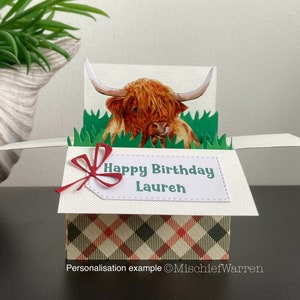 Highland Kuh Karte. 3D-Box-Karte personalisiert für; Geburtstag, Muttertag, Vatertag, Weihnachten. Geschenkkartenhalter.