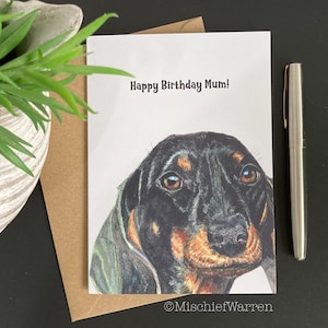 Dachshund Dog Art Card. Blank or Personalised; birthday, thank you, mothers day, Fathers Day or Christmas card.