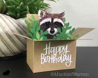 Raccoon Happy Birthday Box Card. Handmade from recycled card. 3D Birthday Gift card holder.