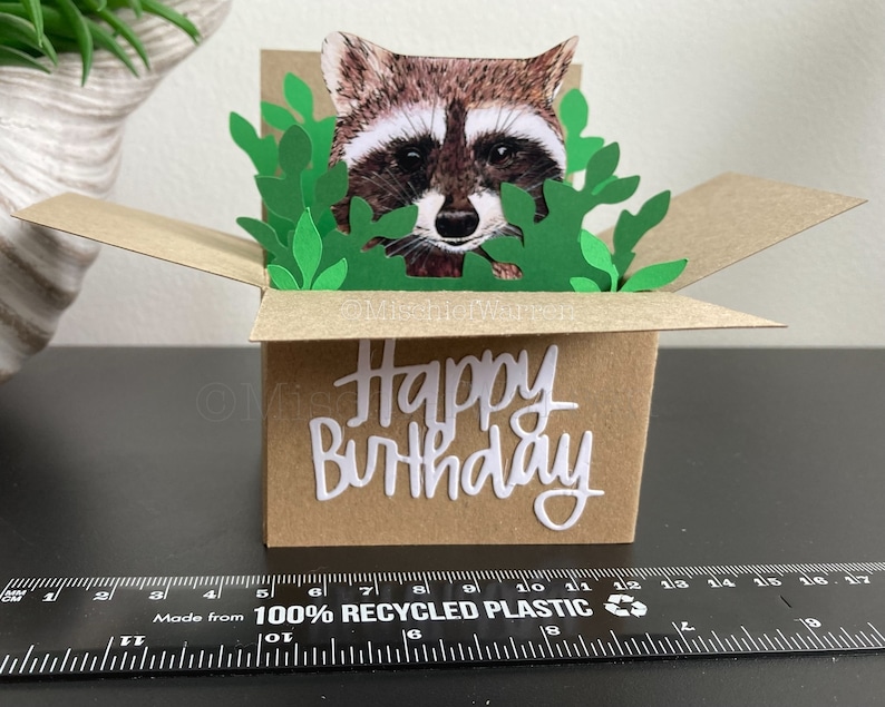 Pu&ograve; includere: Biglietto di compleanno fatto a mano con un procione che sbuca da una scatola marrone con foglie di carta verdi. Le parole "Happy Birthday" sono scritte in bianco sul fronte della scatola. Il biglietto &egrave; realizzato con materiali riciclati.