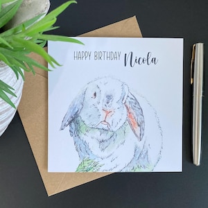 Personalised rabbit birthday card. Handmade, dwarf lop rabbit art card; blank inside, for bunny lover.