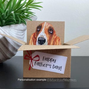 Carte de basset hound. Carte 3D pour boîte pour chien. Vierge ou personnalisée ; anniversaire, fête des mères ou des pères, anniversaire, Noël. Porte-cartes cadeau.