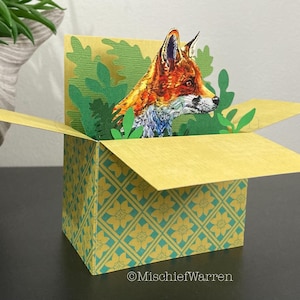 Red Fox Card. Blank or personalised 3D box card; Birthday, Mother’s Day, Easter, Father’s Day, Thank you card. Gift card holder.